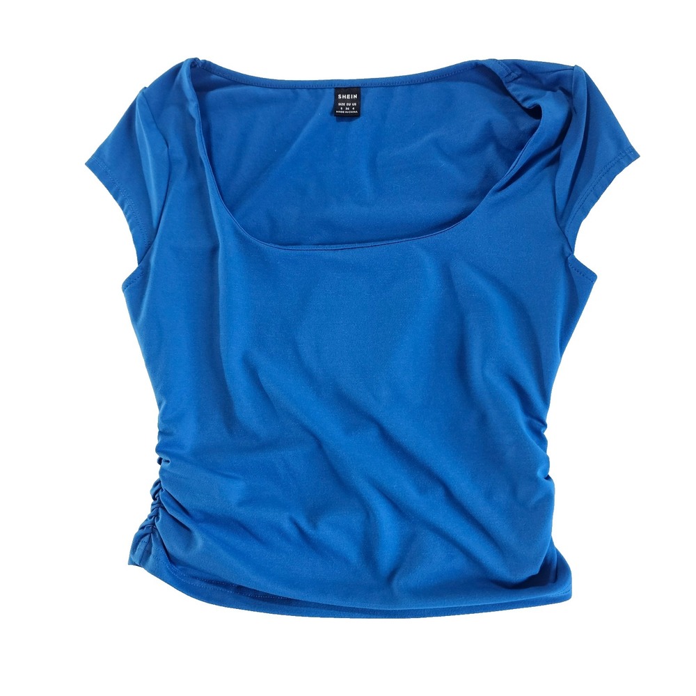 SHEIN Womens Blue Square Neck Top Small Ruched Short Sleeve Stretch Blouse